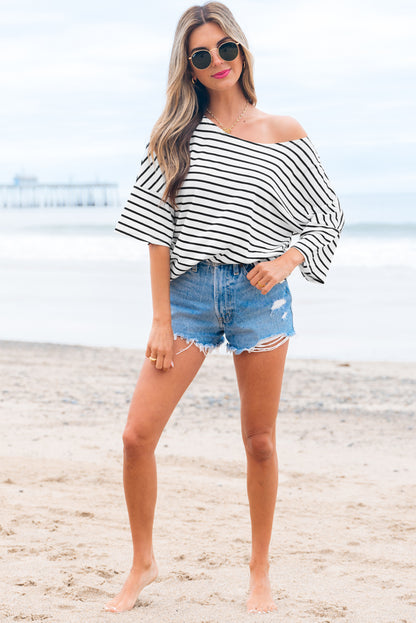 Black Stripe Half Sleeve Scoop Neck Loose Top
