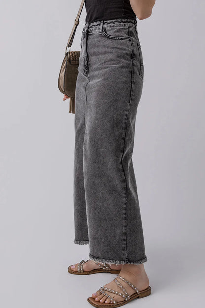 Dark Grey Denim Raw Hem Back Split High Waist Long Skirt - Chic Meadow Boutique 