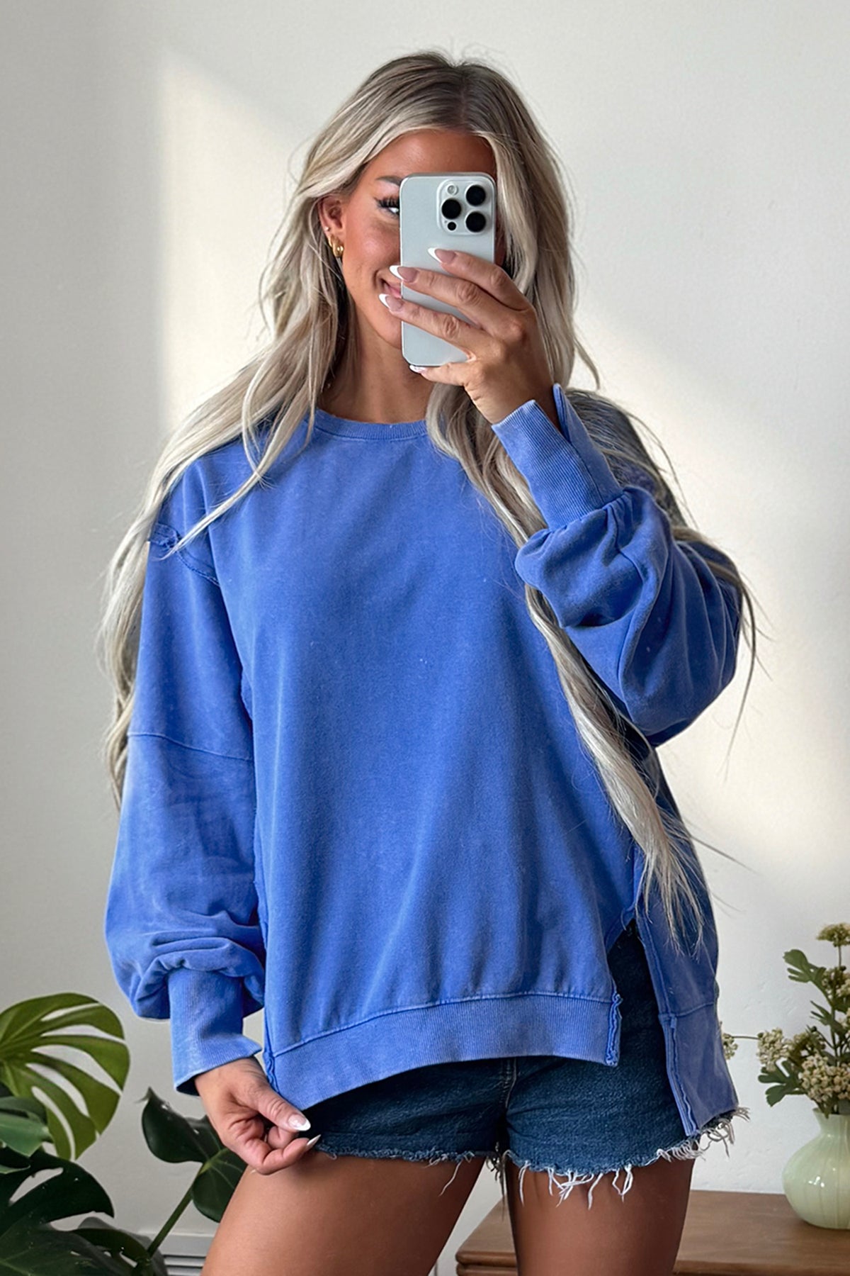 Sky Blue Mineral Wash Split Hem Loose Tunic Sweatshirt