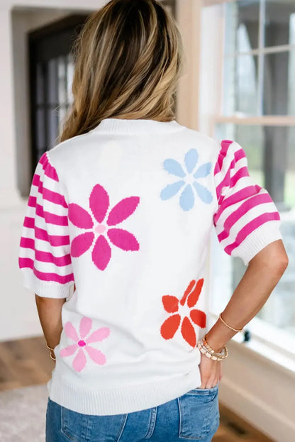 White Floral Pattern Striped Sleeve Sweater T Shirt - Chic Meadow Boutique 