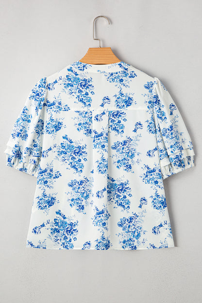 Sky Blue Floral Tiered Puff Short Sleeve Pleated Bust Buttoned Casual Shirt