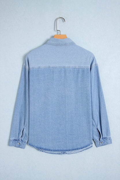 Beau Blue Lightweight Denim Striped Patchwork Button Down Shacket