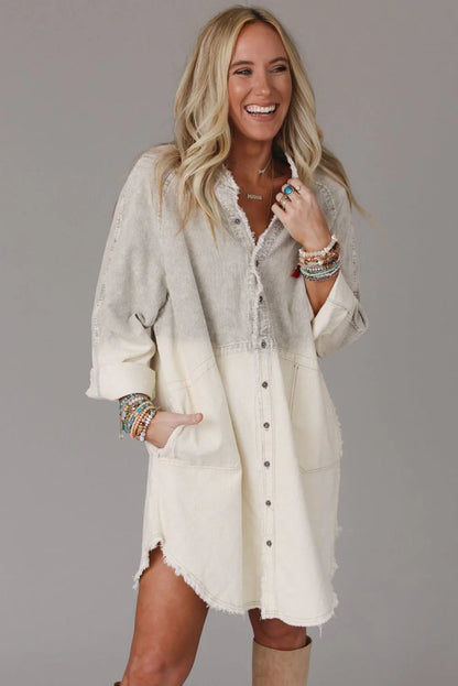 Gray Gradient Long Sleeve Button Up Raw Hem Denim Dress - Chic Meadow Boutique 