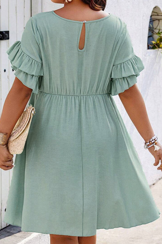 Grass Green Ruffle Trim Short Sleeve Plus Size Flared Mini Dress