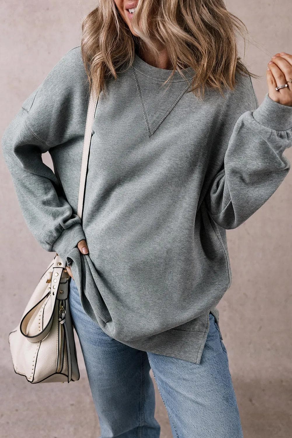 Tops/Long Sleeve Tops Medium Grey Side Split Drop Shoulder Oversized Top