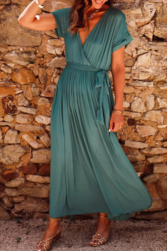 Blackish Green Solid Color V Neck Wrap Pleated Short Sleeve Maxi Dress - Chic Meadow Boutique 