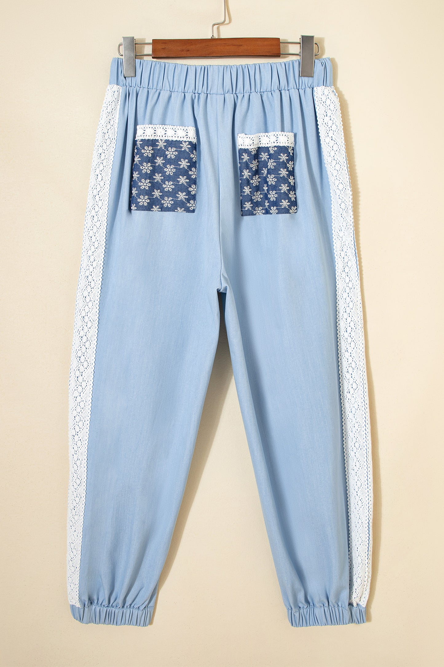 Beau Blue Lace Accent Floral Patched Pocket Pleated Wide Leg Slouchy Pants