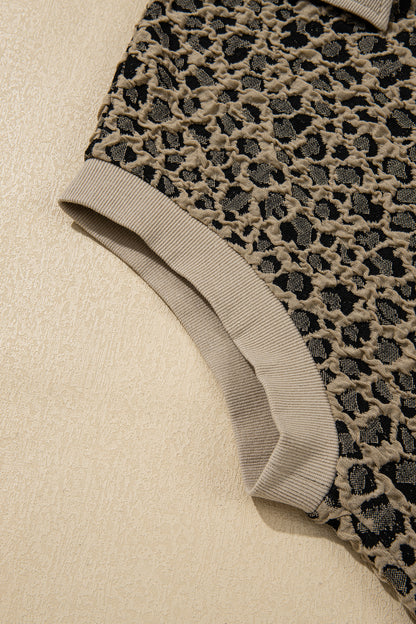 Beige Ribbed Patchwork Collar Cuffed Sleeve Leopard Plus Top