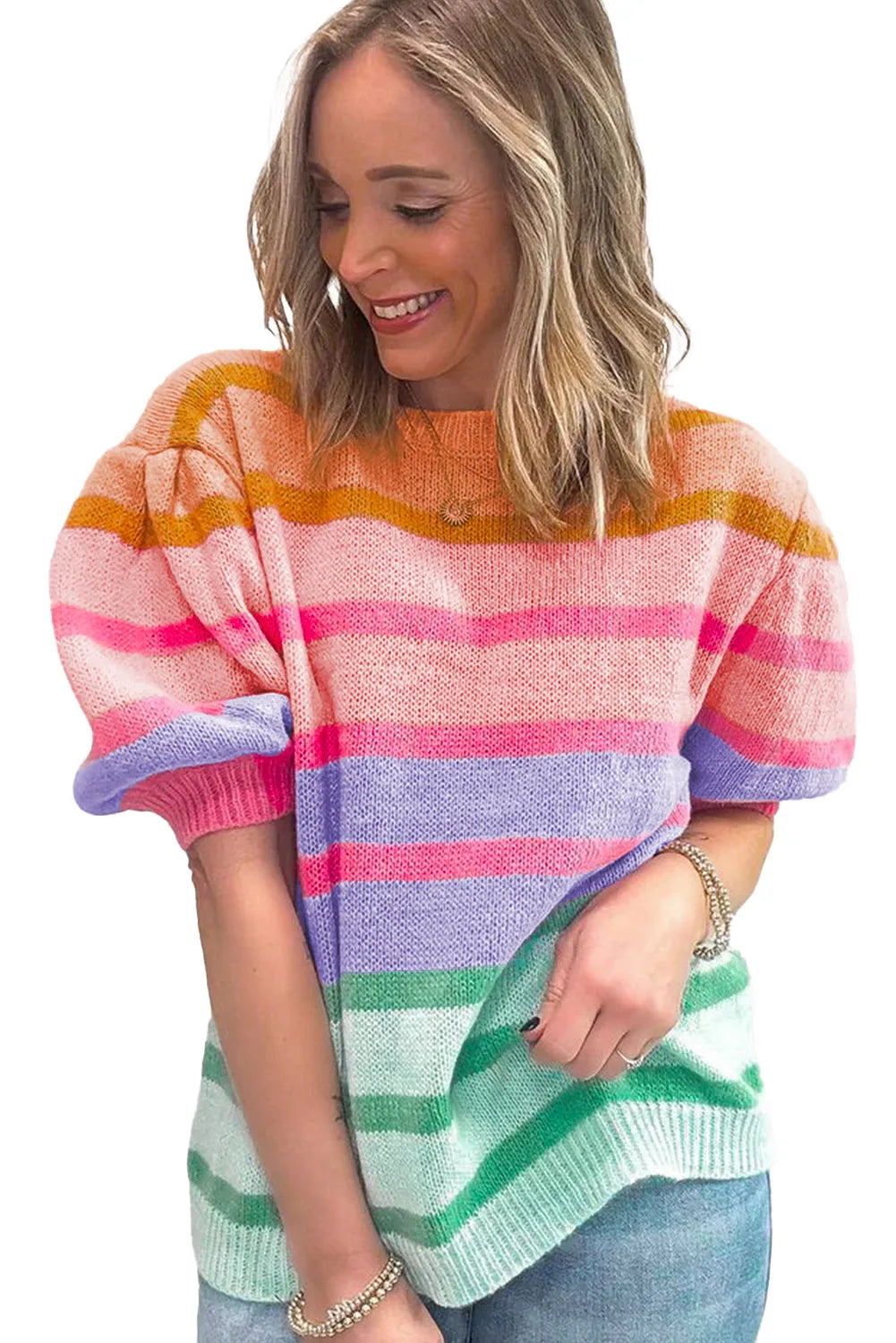 Rose Red Colorful Stripe Bubble Short Sleeve Sweater - Chic Meadow Boutique 