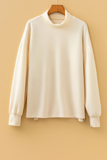 Beige Mock Neck Long Sleeve Leopard Detail Split Hem Top