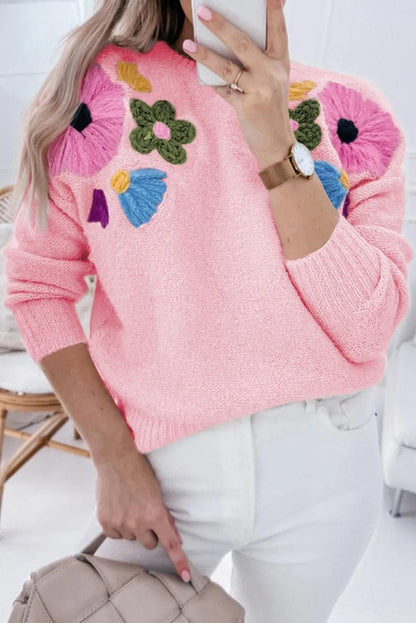 Sweaters & Cardigans/Sweaters Pink / S / 42%Acrylic+30%Polyester+28%Polyamide Pink Knitted Flower Pattern Ribbed Edge Sweater