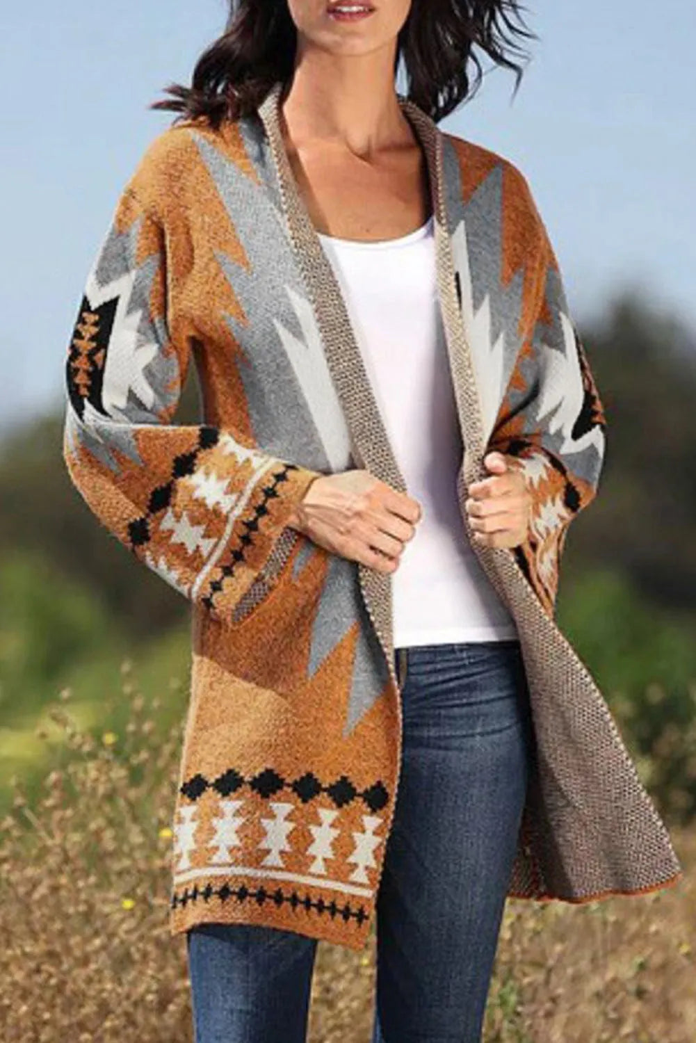 Gold Flame Aztec Graphic Open-Front Cardigan - Chic Meadow Boutique 