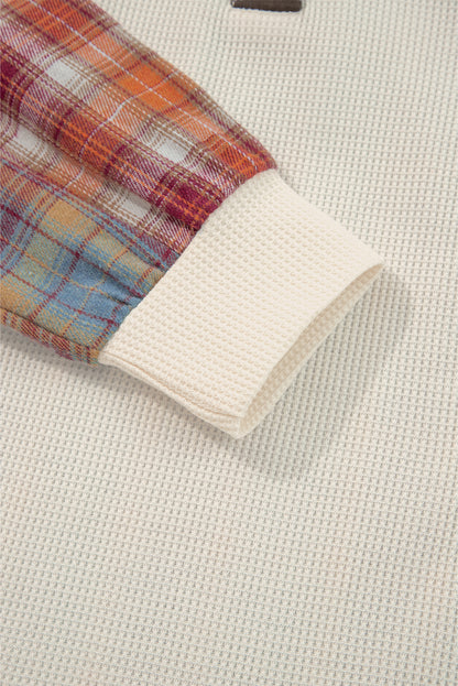 Beige Waffle Stripe Plaid Patchwork Henley Knit Top