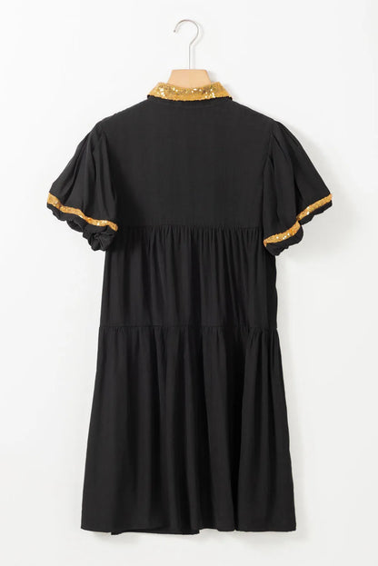 Black Sequin Trim Bubble Sleeve Game Day Shirt Dress - Chic Meadow Boutique 