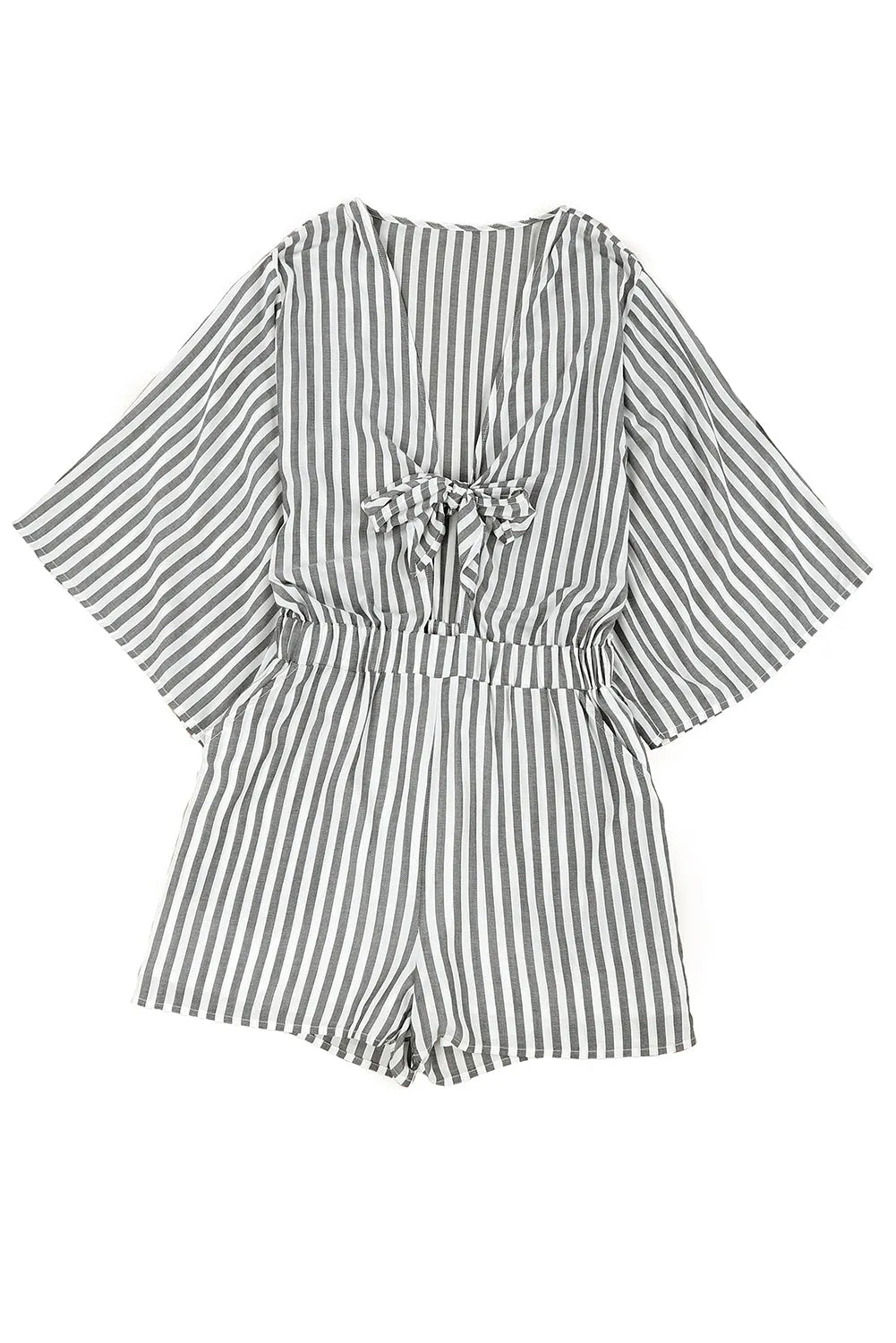 Gray 3/4 Wide Kimono Sleeves Tie Front Striped Romper with Pockets - Chic Meadow Boutique 