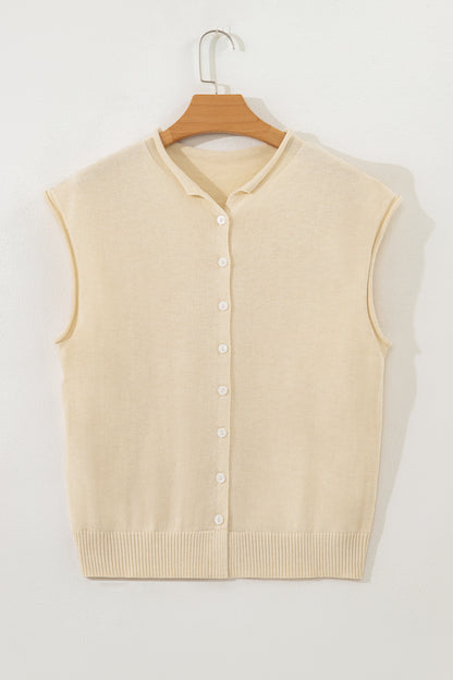 Apricot Buttoned Front Rolled Hem Cap Sleeve Sweater Top