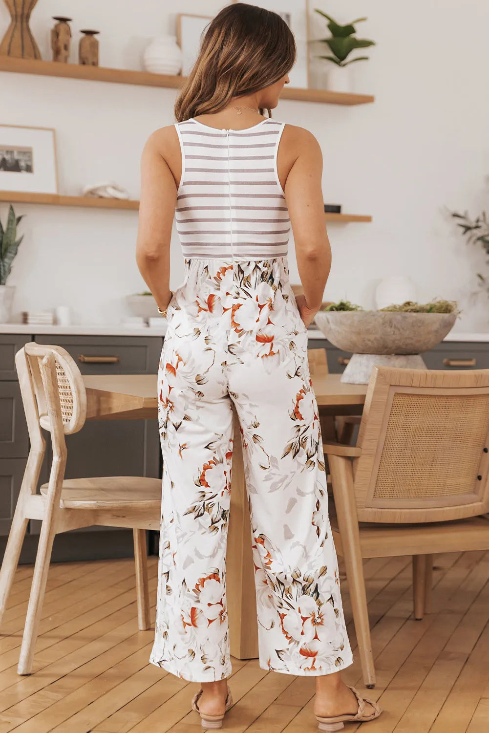 White Striped Floral Pocket Sleeveless Jumpsuit - Chic Meadow Boutique 