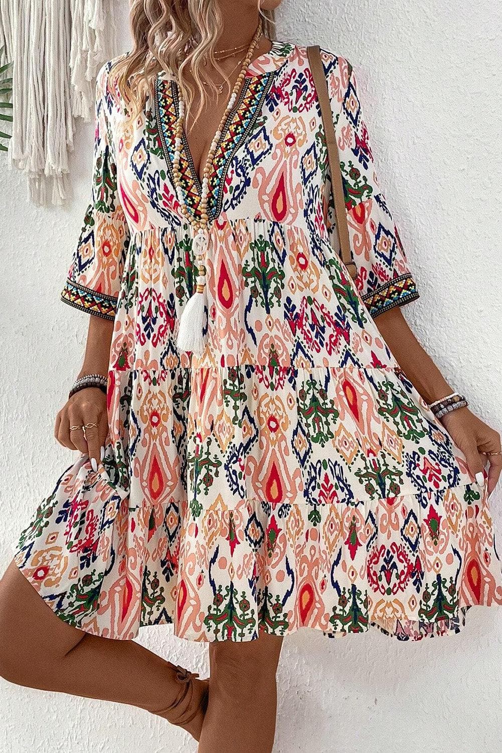 Dresses/Mini Dresses Multicolour Boho Print V Neck Bracelet Sleeve Mini Dress