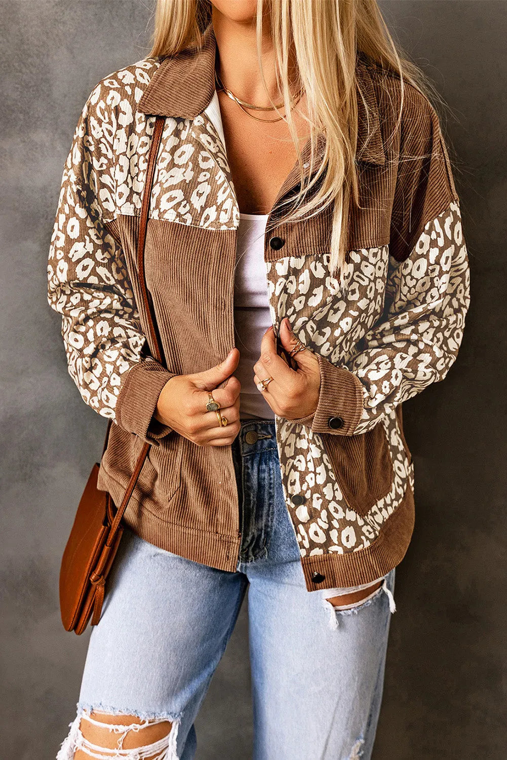 Brown Leopard Print Corduroy Long Sleeve Jacket - Chic Meadow Boutique 