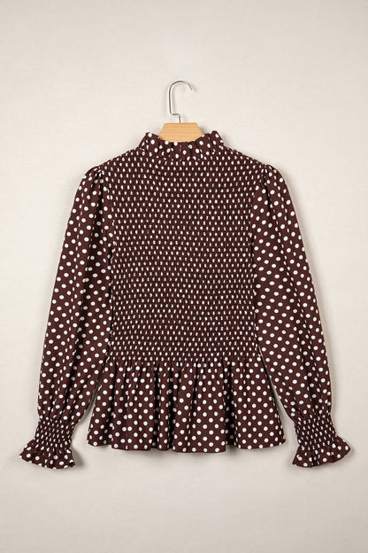 Brown Polka Dot Ruffled High Neck Shirred Ruffle Hem Blouse