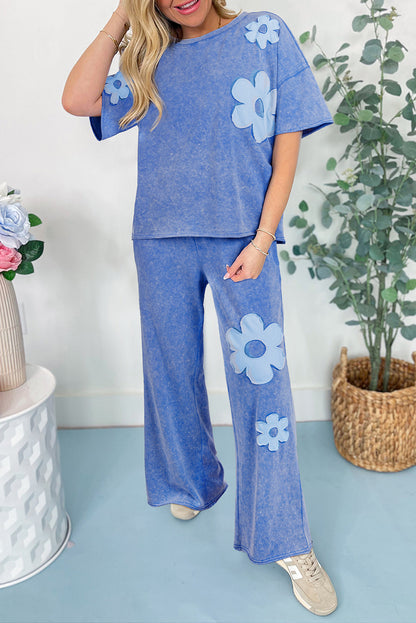 Lilac Floral Patch Exposed Seam Raw Edge Pants Set