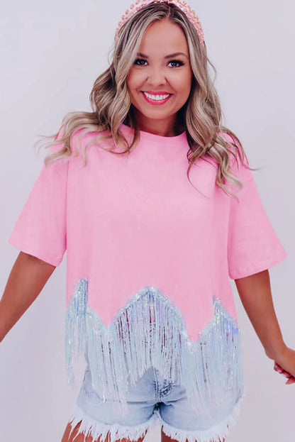 Pink Fringed Sequin Crop T-shirt - Chic Meadow Boutique 