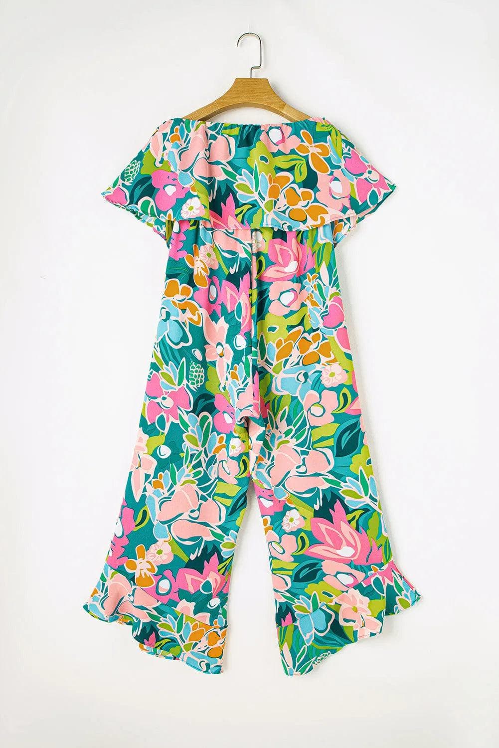 Bottoms/Jumpsuits & Rompers Green Mix Tropical Print Strapless Ruffled Jumpsuit