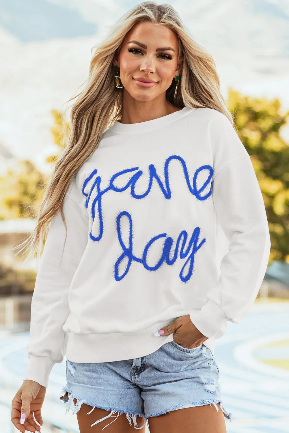 White Tinsel Game Day Drop Shoulder Graphic Sweatshirt - Chic Meadow Boutique 