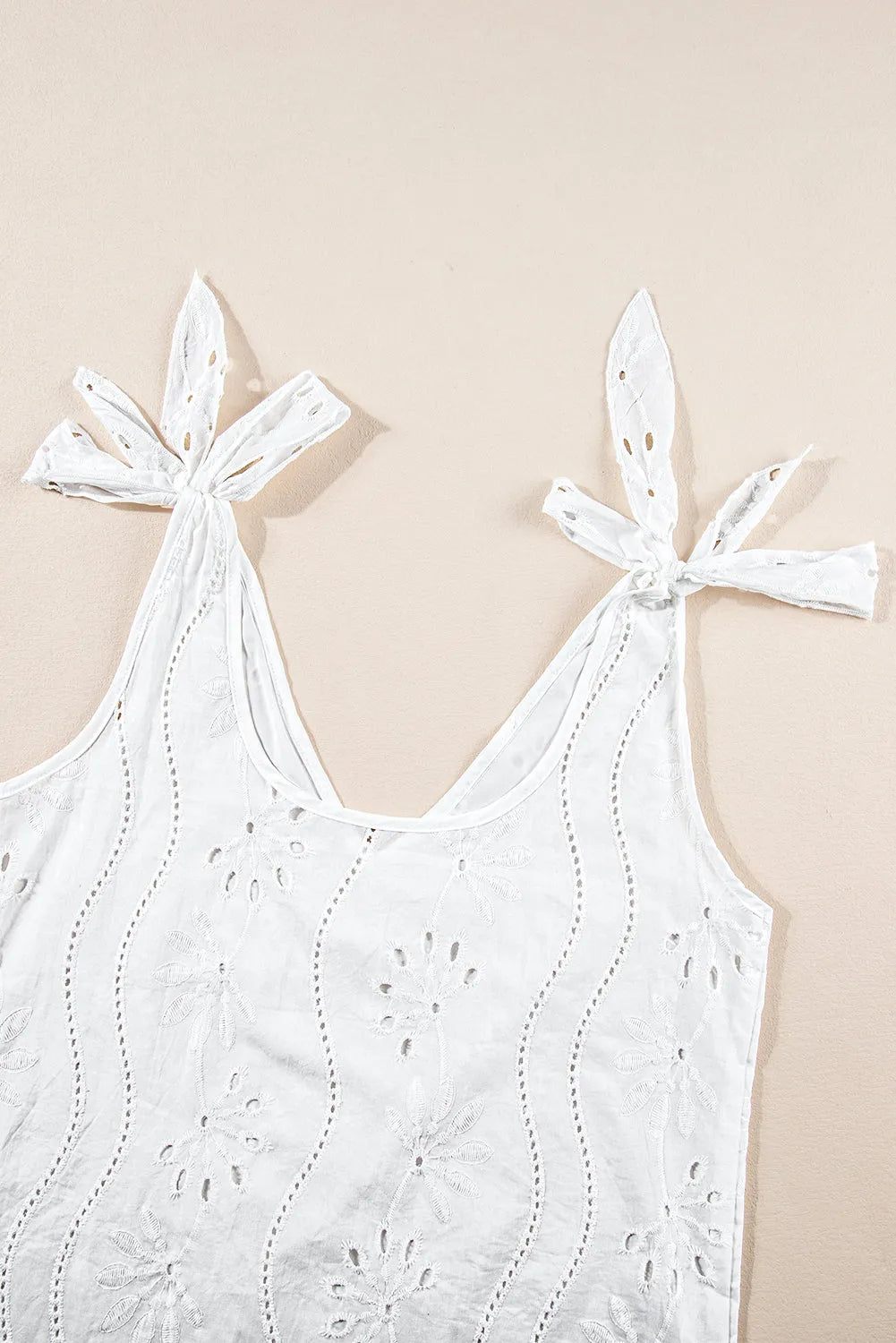 White Embroidery Patterned Knotted Straps V Neck Tank Top - Chic Meadow Boutique 