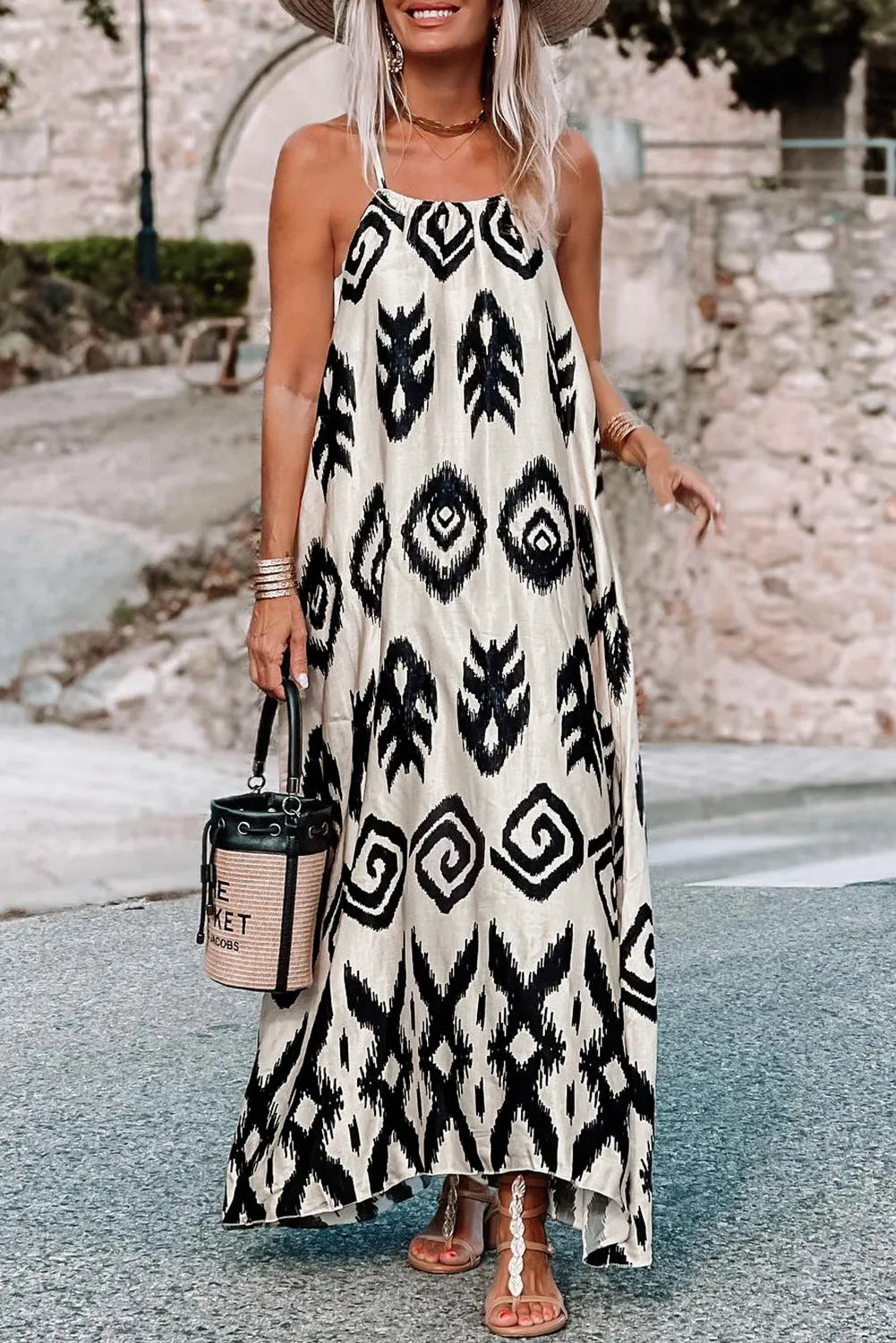 Black Western Aztec Printed Fashion Vacation Sundress - Chic Meadow Boutique 