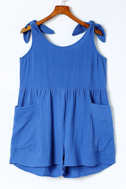 Blue Textured Knotted Straps High Waist Wide Leg Romper - Chic Meadow Boutique 