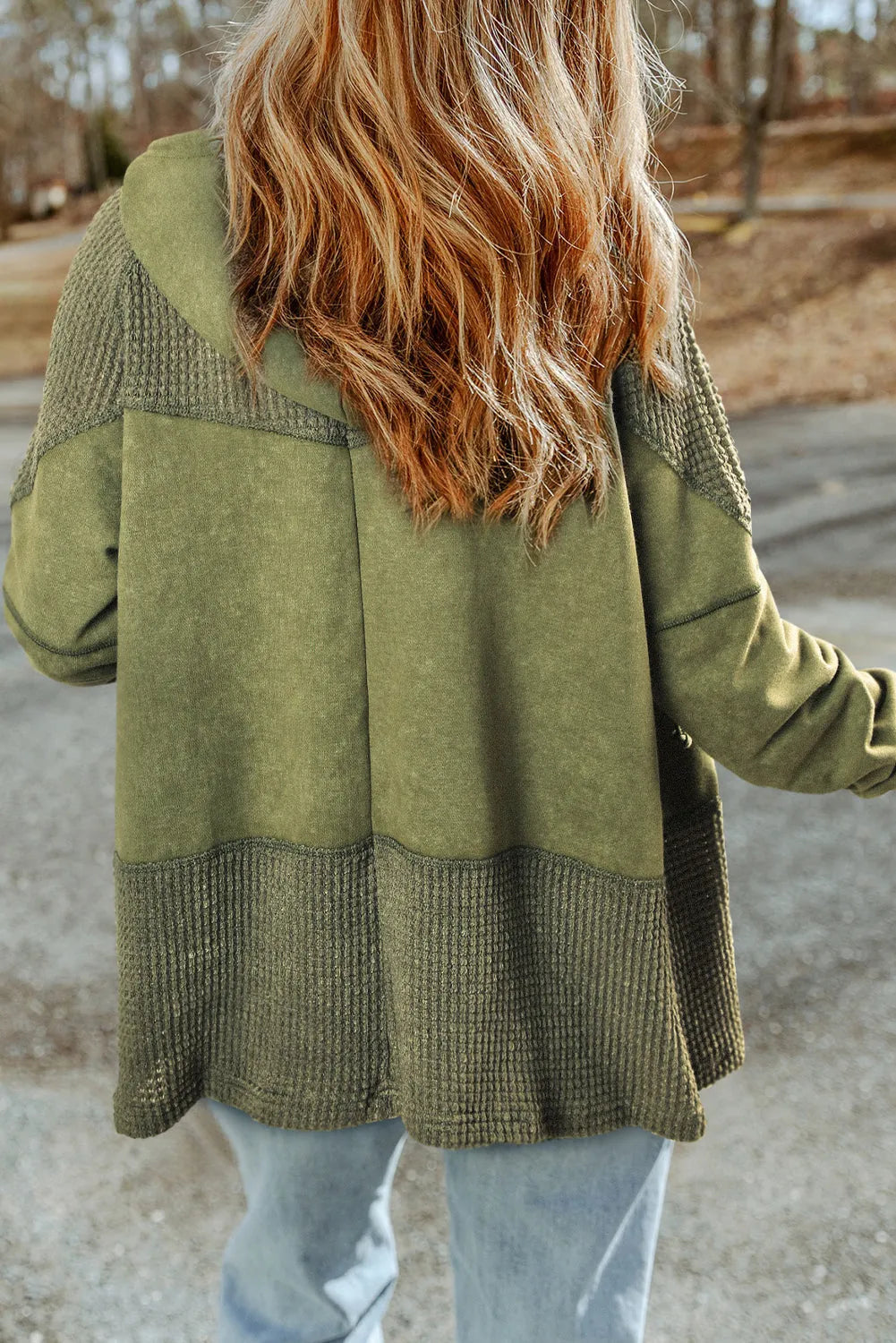 Green Waffle Patchwork Vintage Washed Hooded Jacket - Chic Meadow Boutique 