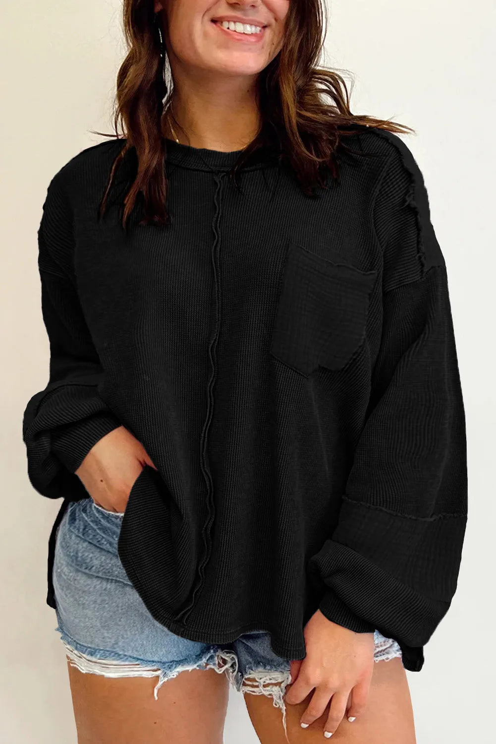 Black Plus Size Exposed Seam Crinkle Patchwork Top - Chic Meadow Boutique 