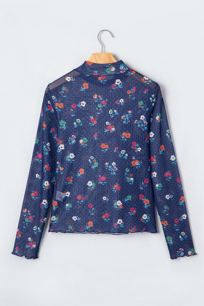 Blue Polka Dot Floral Mesh Long Sleeve High Neck Pullover Sheath Top