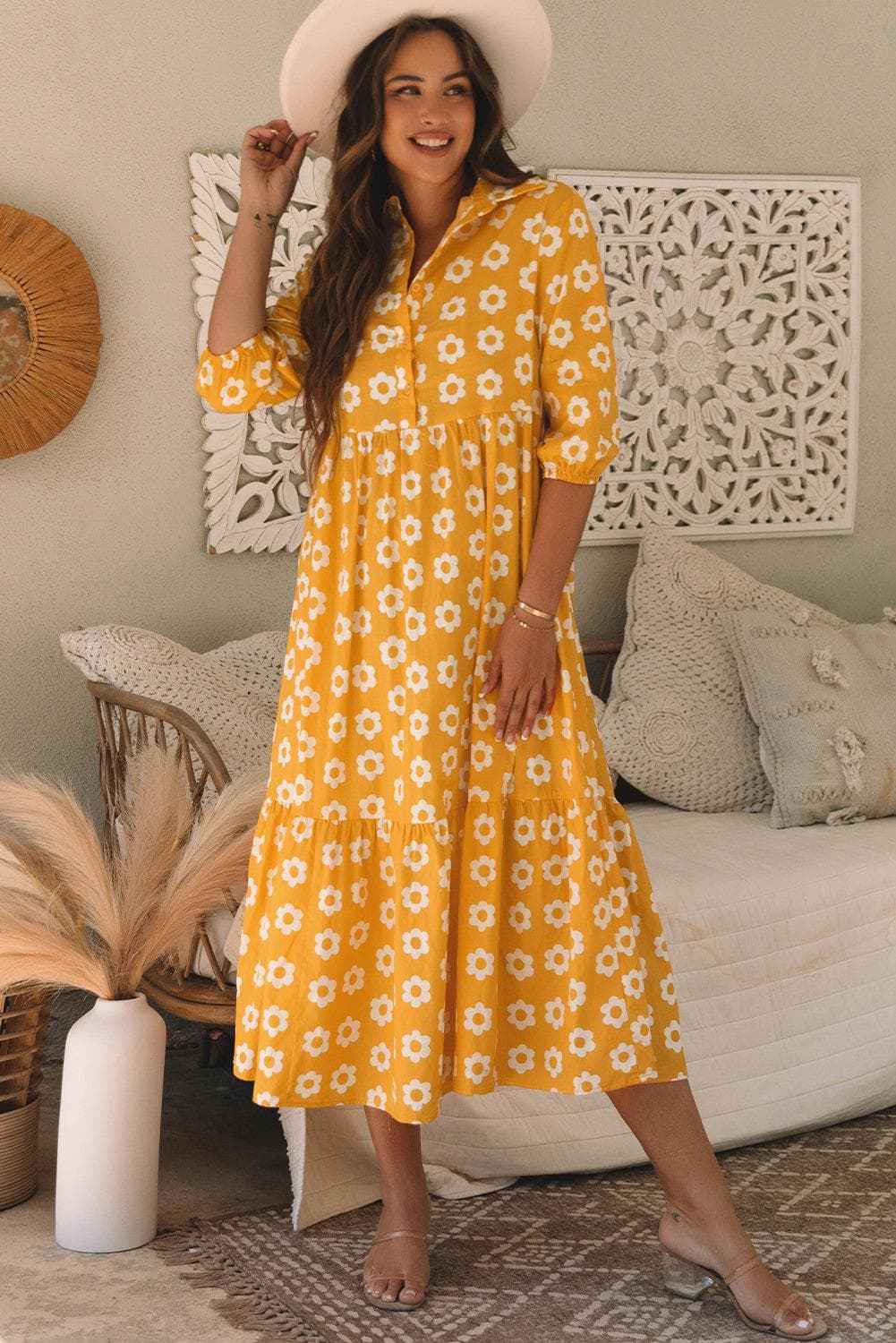 Dresses/Maxi Dresses Yellow Flower Print Bracelet Sleeve Buttons Collared Maxi Dress