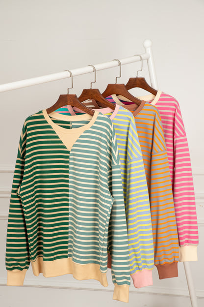 Pink Stripe Colorblock Drop Shoulder Oversize Sweatshirt