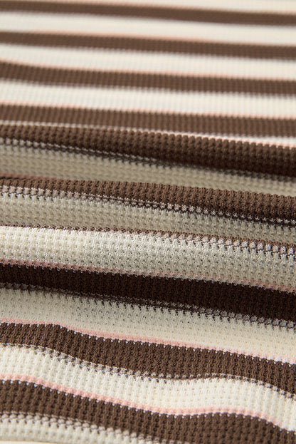 Khaki Stripe Stitched Detail Color Block Patchwork Oversized Pullover Top