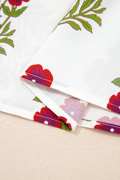 White Floral Short Bubble Sleeve Contrast Slit Neckline Blouse