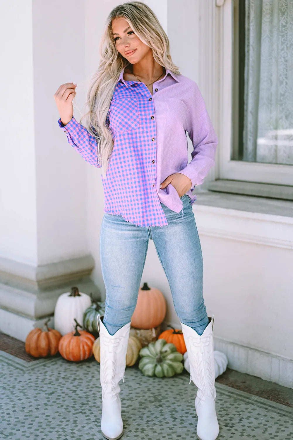 Purple Mixed Plaid Button Down Long Sleeve Chest Pocket Shirt - Chic Meadow Boutique 