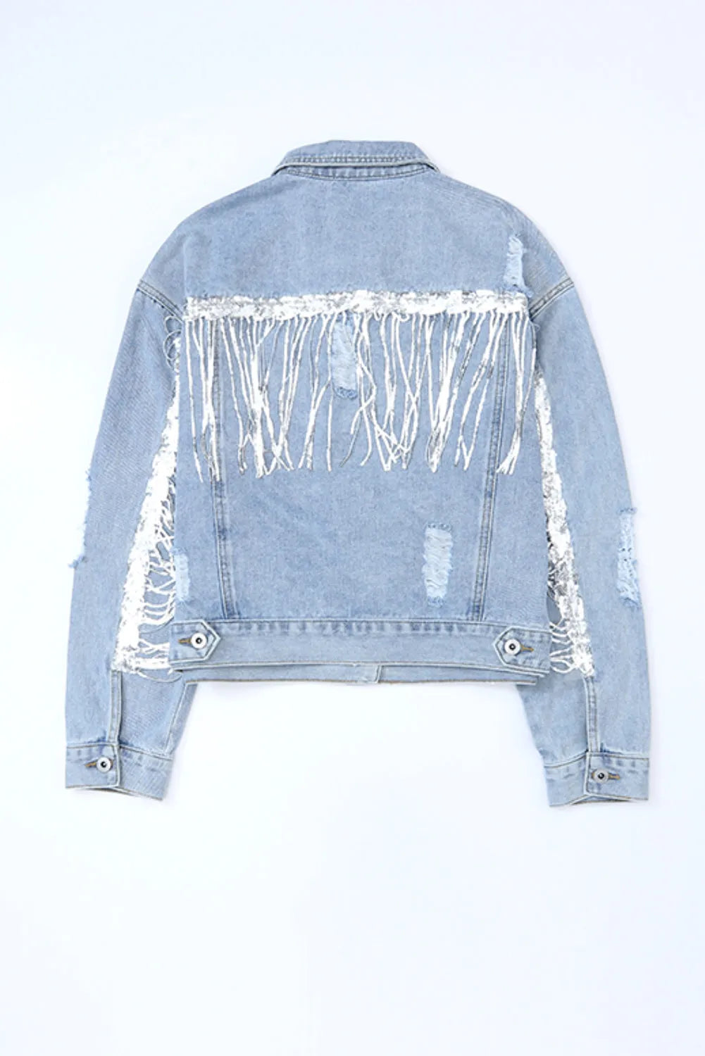 Sky Blue Sequin Embellished Fringe Distressed Denim Jacket - Chic Meadow Boutique 