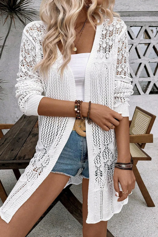 White Crochet Hollow Out Open Front Cardigan - Chic Meadow Boutique 