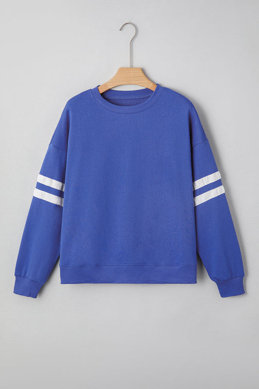 Sky Blue Varsity Striped Detail Drop Shoulder Oversized Sweatshirt