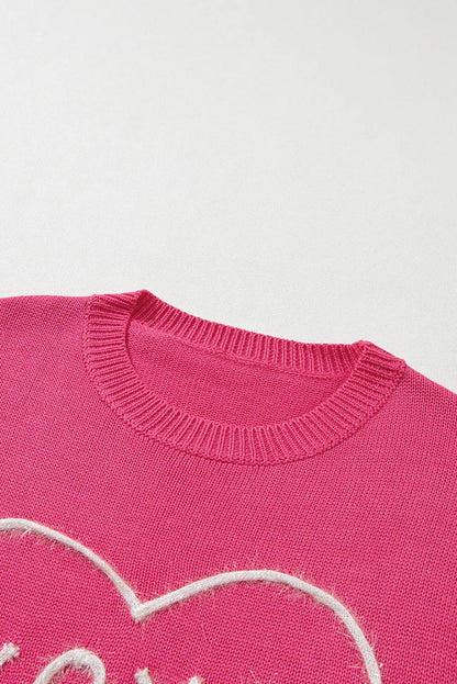 Rose Heart XOXO Pattern Drop Shoulder Rib Knit Sweater - Chic Meadow Boutique 