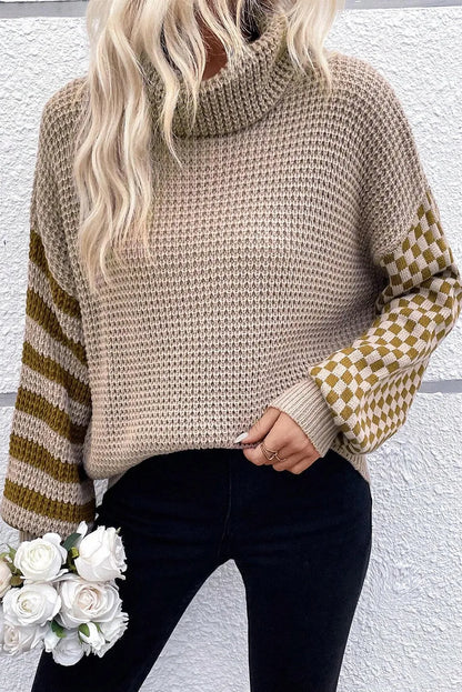 Smoke Gray Striped Plaid Patchwork Waffle Knit Turtleneck Sweater - Chic Meadow Boutique 