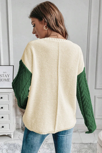 Mist Green Plus Size Cable Knit Color Block Drop Shoulder Sweater - Chic Meadow Boutique 