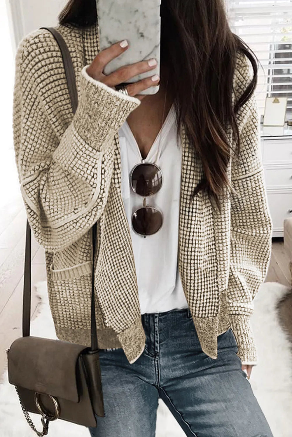 Apricot Chunky Waffle Knit Oversized Collar Cardigan - Chic Meadow Boutique 