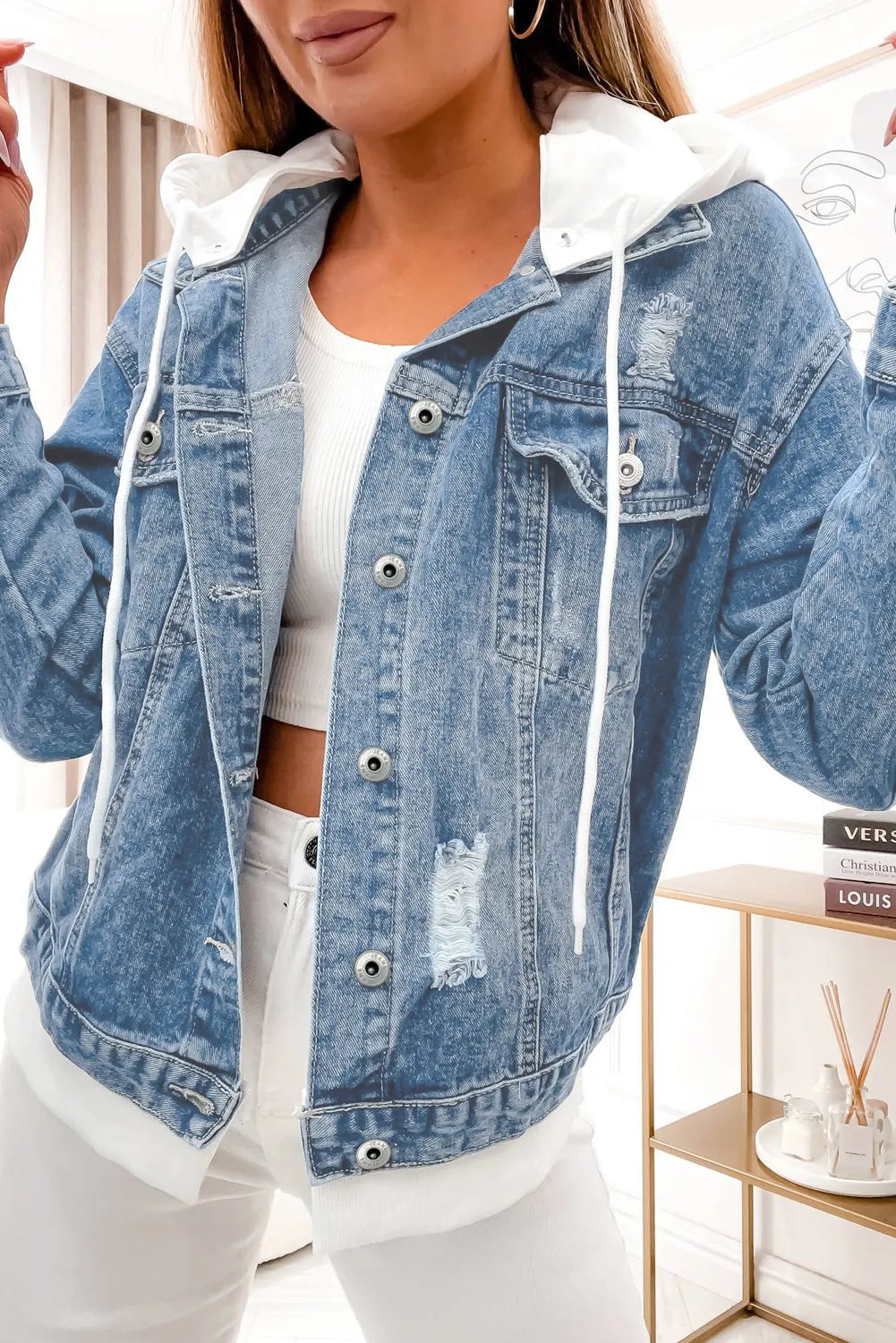 Sky Blue Distressed Contrast Hooded Denim Jacket with Pockets - Chic Meadow Boutique 