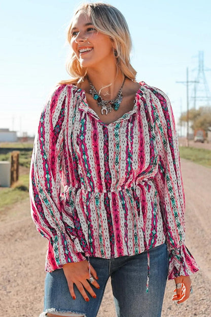 Tops/Blouses & Shirts Multicolour Western Aztec Split Neck Peplum Blouse