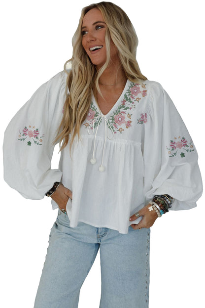White Flower Lace-up V Neck Babydoll Blouse