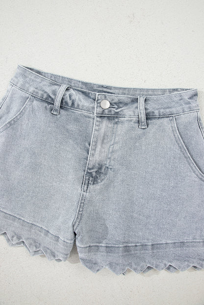 Dusk Blue Scalloped Hemline Acid Wash High Waist Denim Shorts